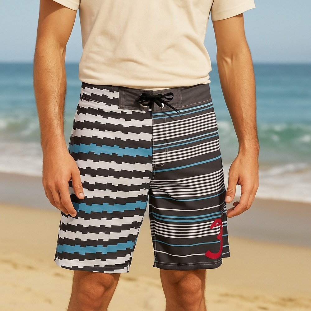 Three by Keith Lidberg Boardshorts Blue Gray Striped Graphic Hybrid‎ Swim Trunks